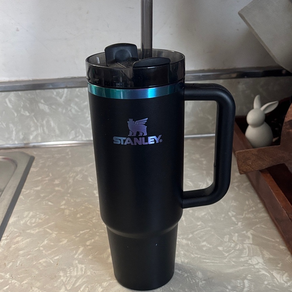 Stanley Black Tumbler with Iridescent Blue-Green Accent